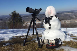 Snowman at the Route 15 Overlook wearing binoculars and with scope and camera &copy; David Brown